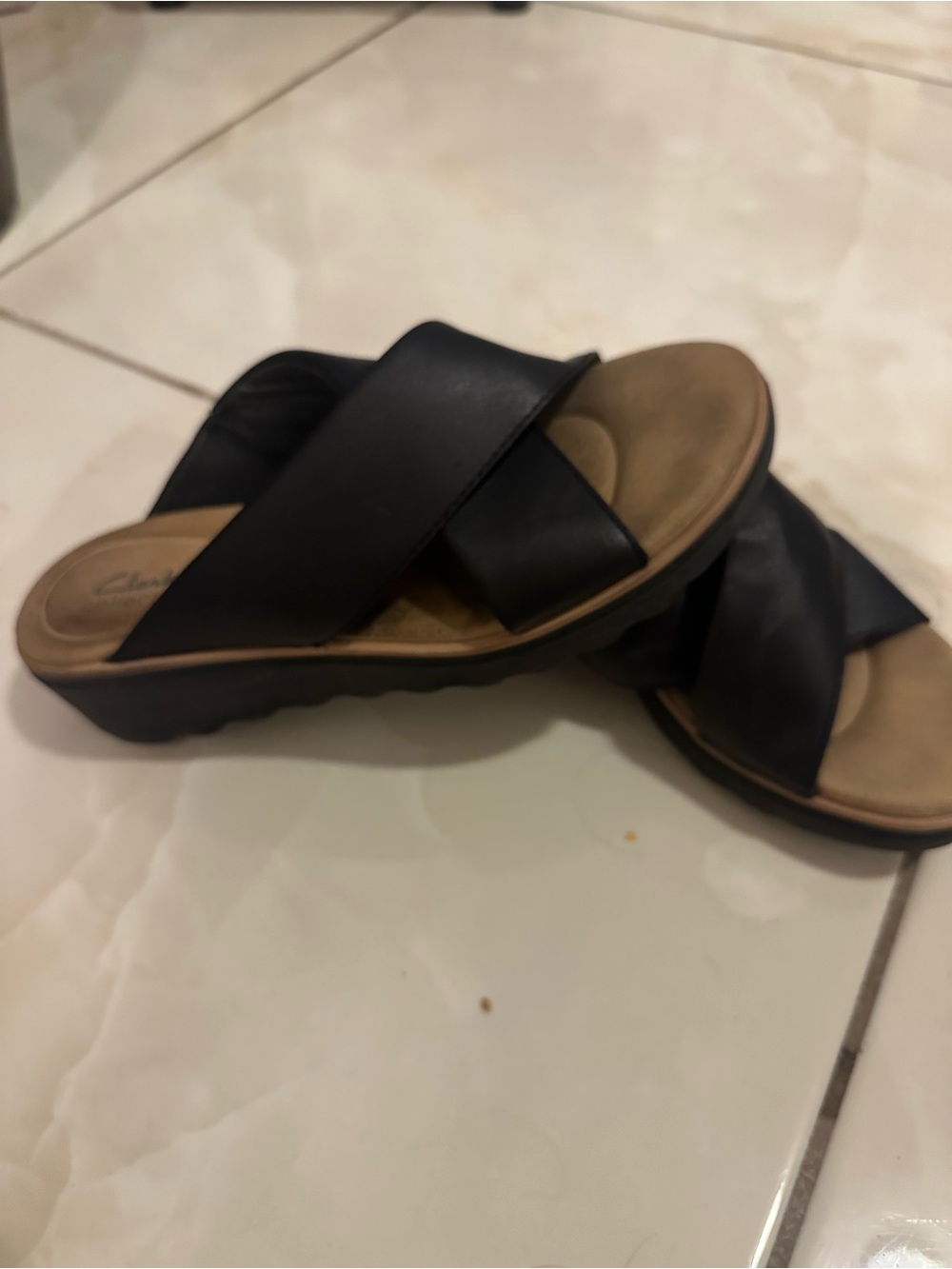 Clarks Black Crisscross Slide Wedge Sandals